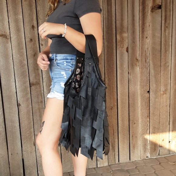 Handmade  Leather Boho handbag with Tassels - Picture 2 of 5